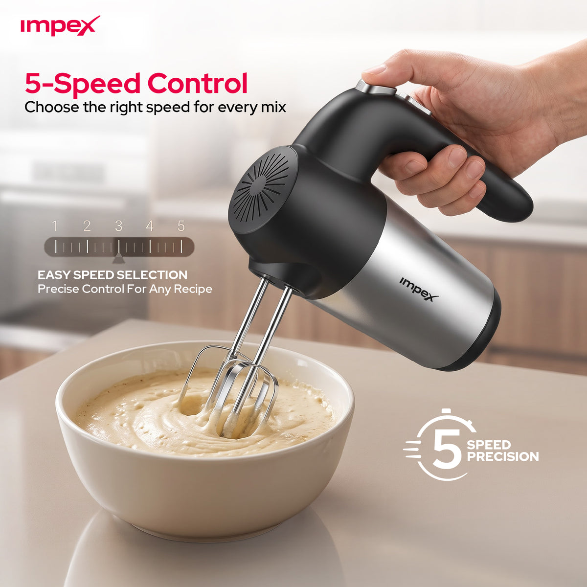 Impex HM3302 – 150W 5-Speed Hand Mixer with Turbo Function & Dough Hooks