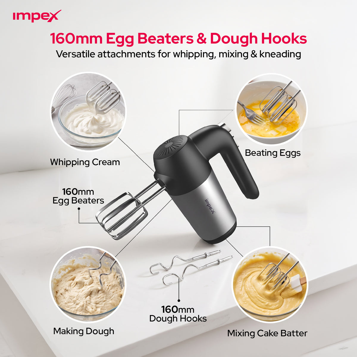 Impex HM3302 – 150W 5-Speed Hand Mixer with Turbo Function & Dough Hooks