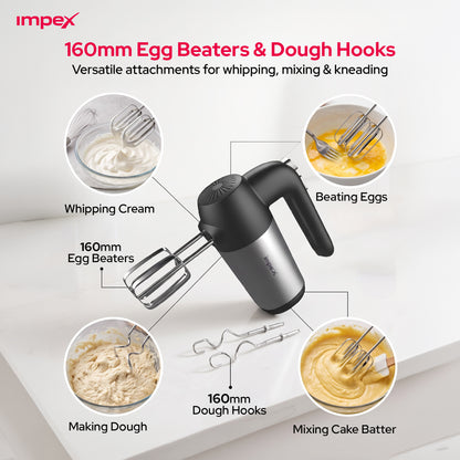 Impex HM3302 – 150W 5-Speed Hand Mixer with Turbo Function & Dough Hooks
