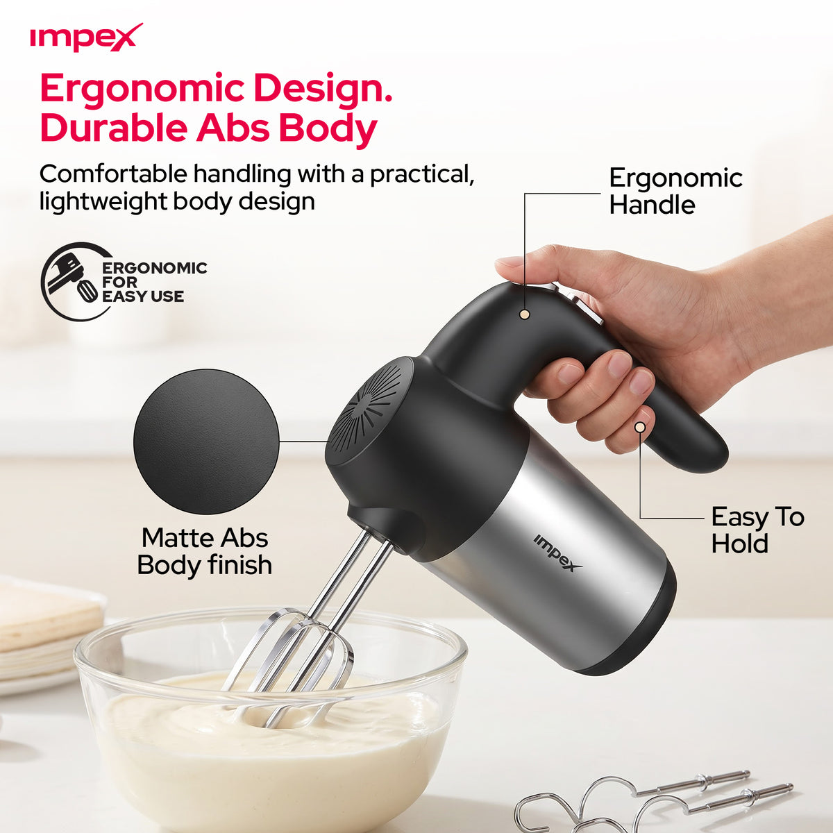 Impex HM3302 – 150W 5-Speed Hand Mixer with Turbo Function & Dough Hooks