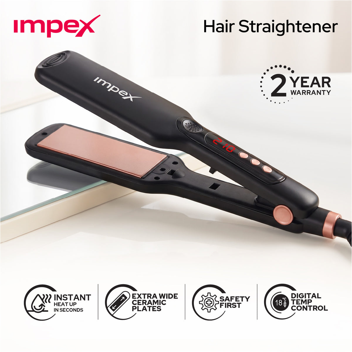 Impex HS306 – Wide Ceramic Plate Hair Straightener with Digital Temp Control
