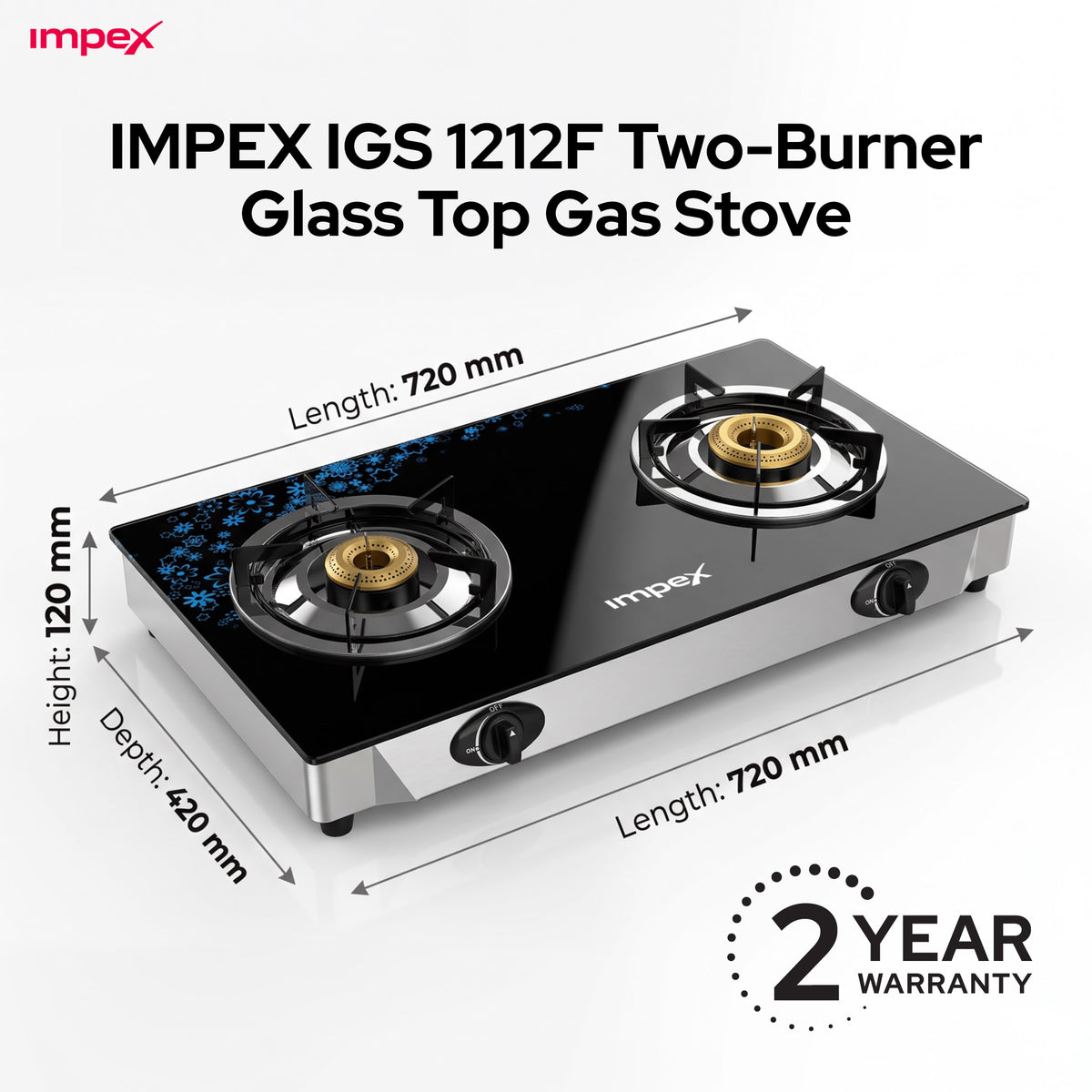 Impex LP Gas Stove 2-Burner Glass (IGS-1212F)