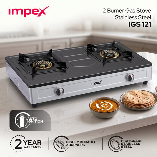 Impex 2 Burner LP Gas Stove Stainless Steel Heavy(IGS 121)