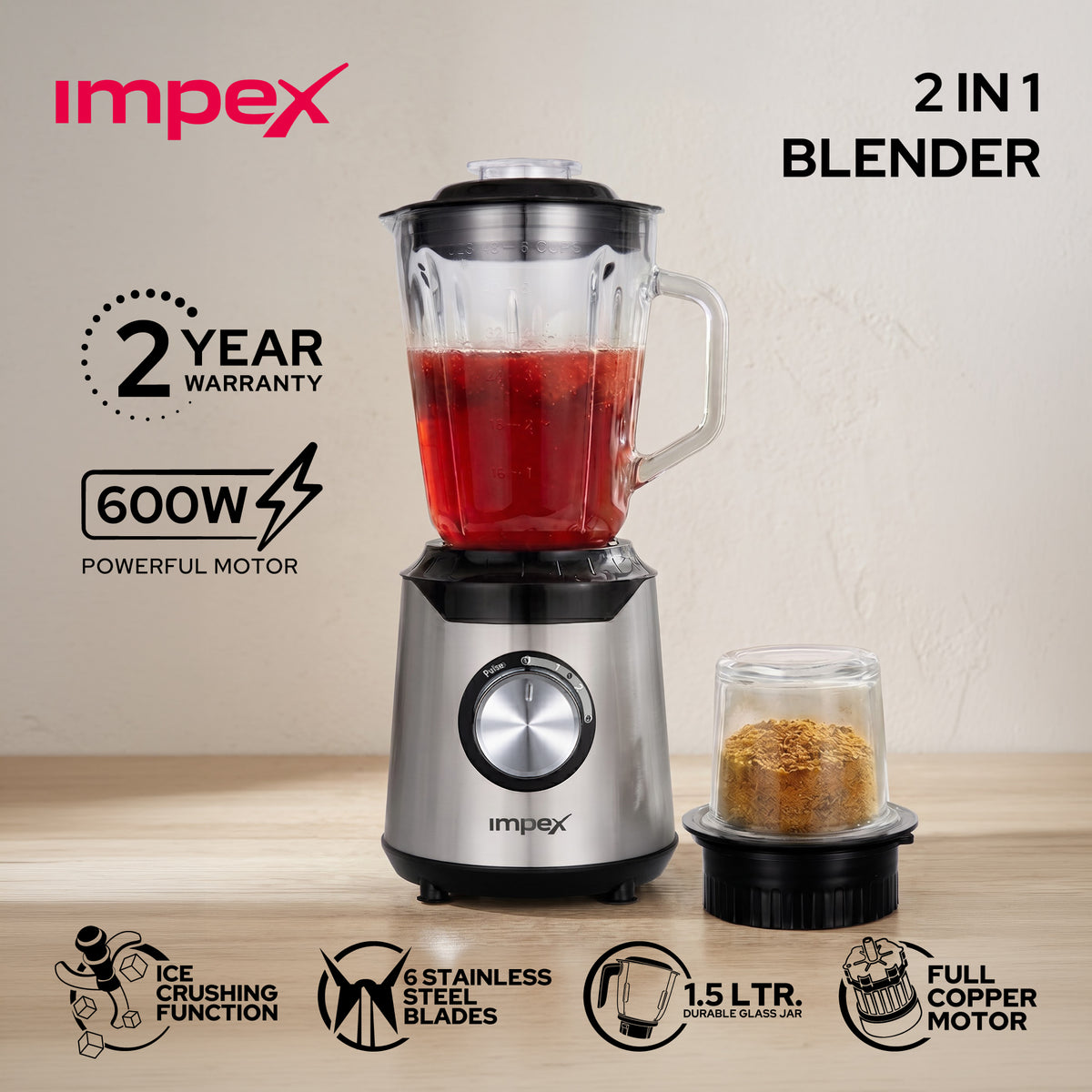 Impex 2-in-1 600W Blender & Ice Crusher (BL-3507)