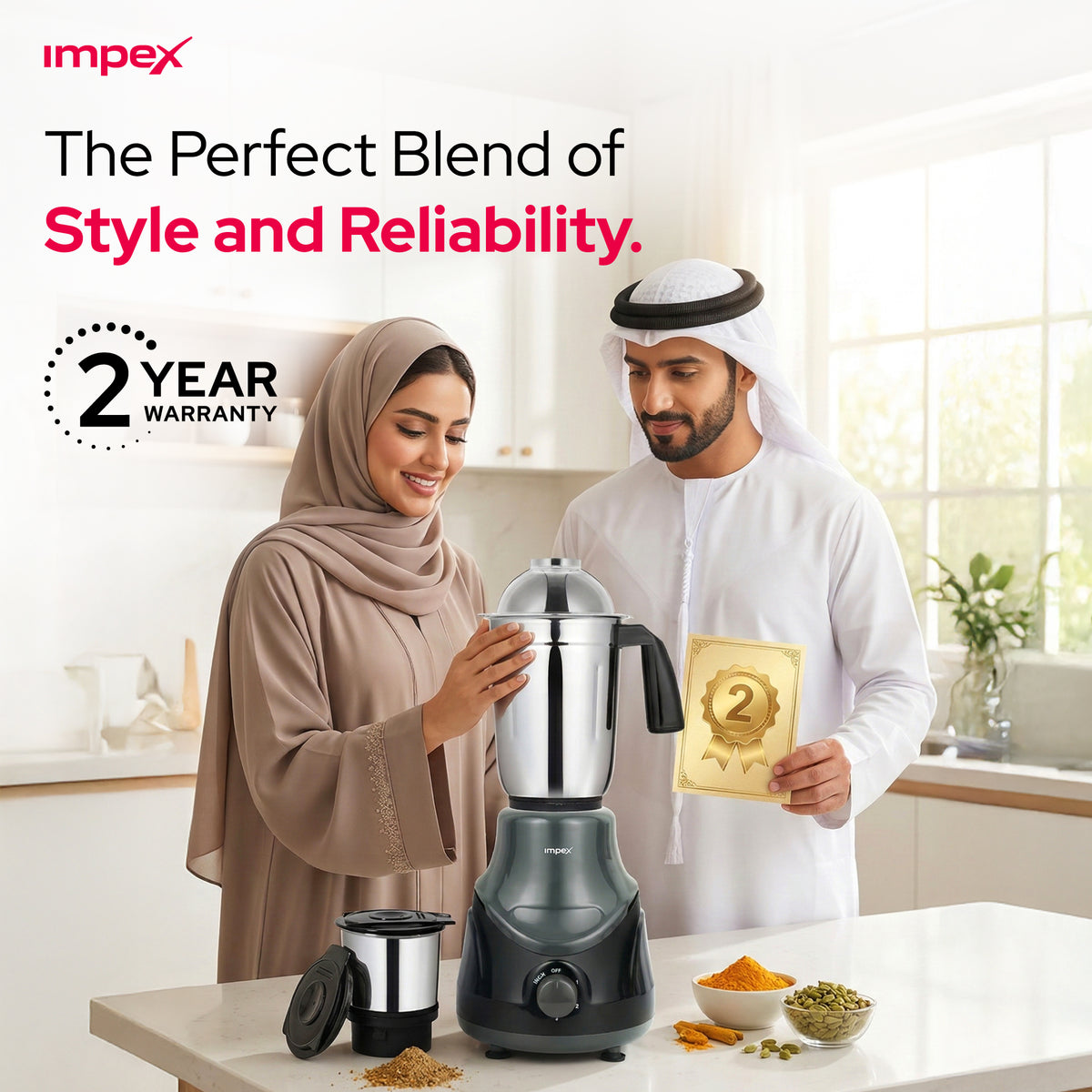 Impex countertop blender shown in a bright kitchen with a man and woman standing behind it. The woman holds the blender jar while the man holds a gold award badge.