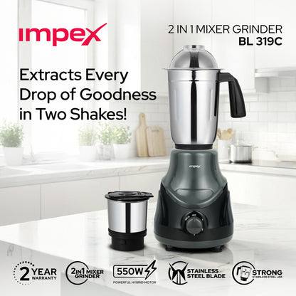 Impex BL-319C 2-in-1 Mixer Grinder – 550W Hybrid Motor, Made in India