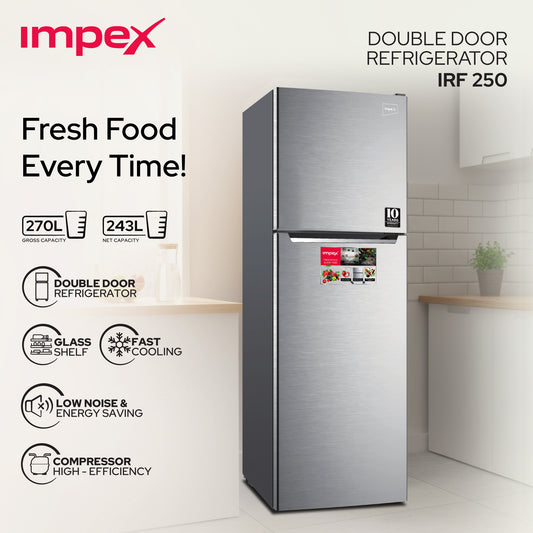 Impex IRF250S 270L No Frost Inverter Refrigerator – 10-Year Compressor Warranty, Dark Silver
