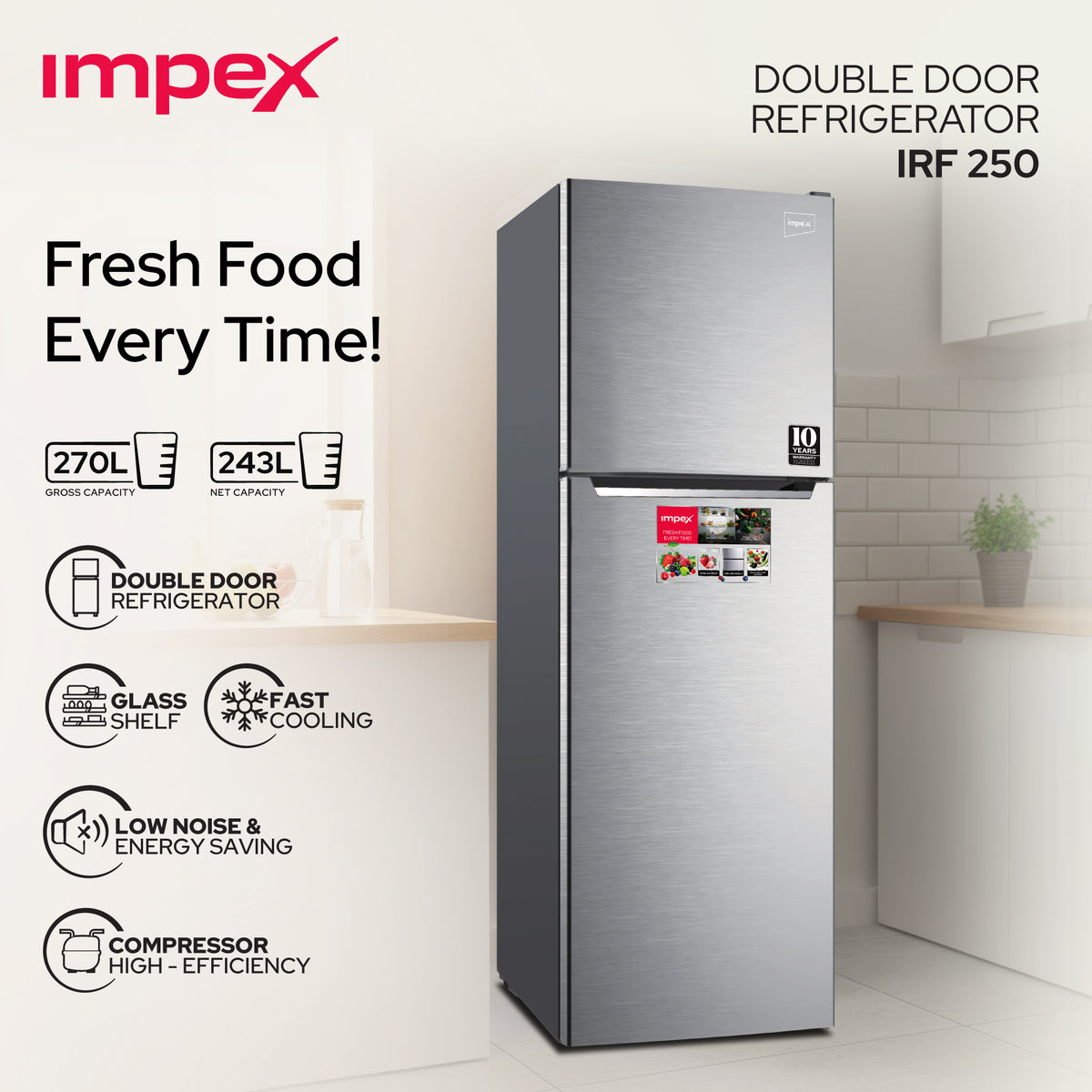 Impex IRF250S 270L No Frost Inverter Refrigerator – 10-Year Compressor Warranty, Dark Silver