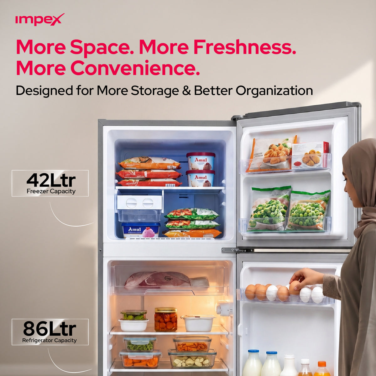 Impex IRF138C 138L Double Door Refrigerator-Freezer | Direct Cool | Dark Grey