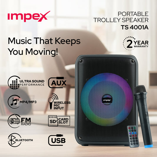 Impex TS-4001 Portable Speaker System – 800W PMPO, Bluetooth, TWS & Wireless Mic
