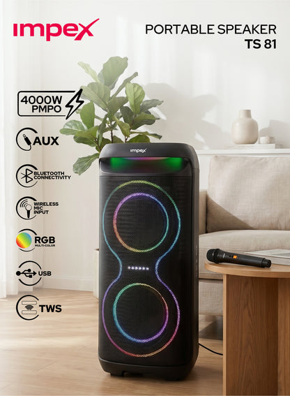 Impex TS81 Portable Trolley Speaker | 4000W PMPO | Karaoke | Wireless Mic
