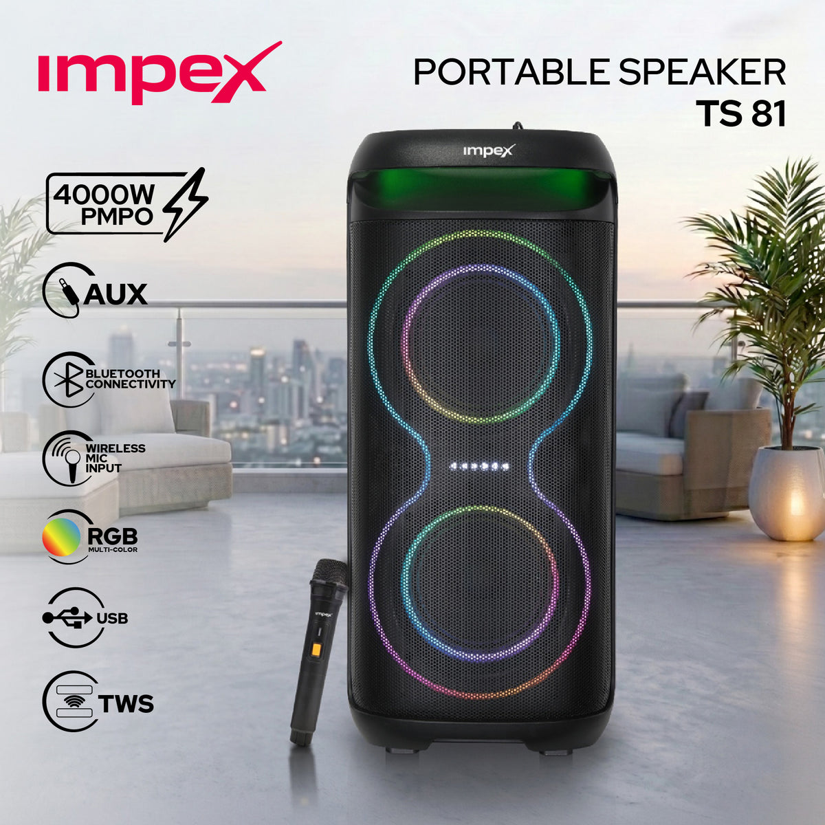 Impex TS81 Portable Trolley Speaker | 4000W PMPO | Karaoke | Wireless Mic