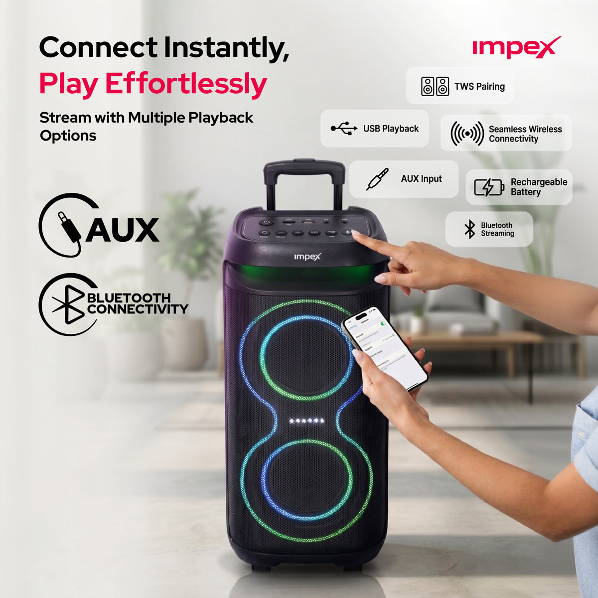 Impex TS81 Portable Trolley Speaker | 4000W PMPO | Karaoke | Wireless Mic