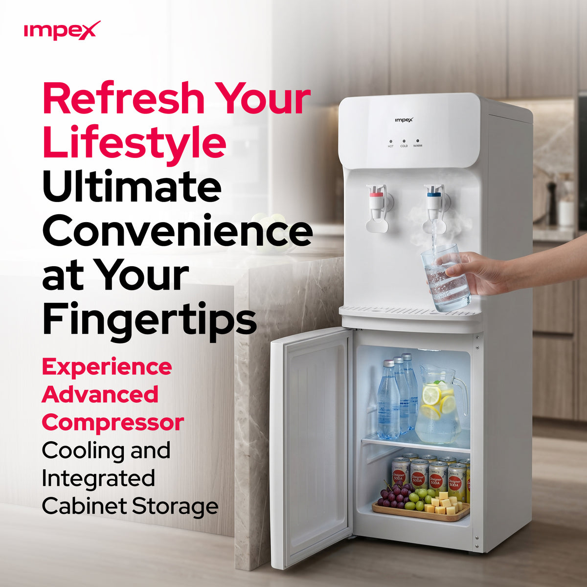 Impex WD3904B 2-Tap Water Dispenser – Compressor Cooling, 304 Stainless Steel Tank