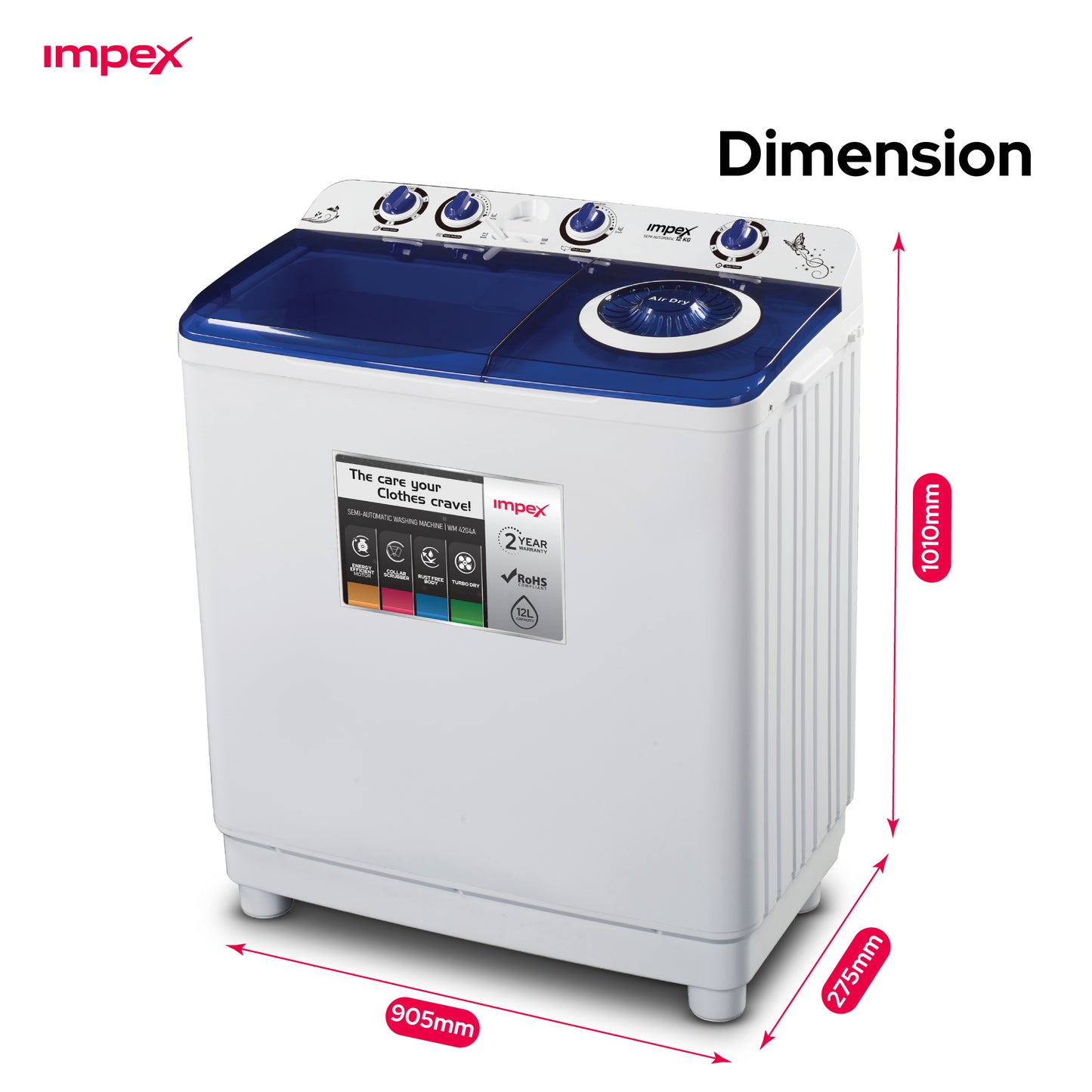 Impex WM-4205 12KG Semi-Automatic Washing Machine – Air Turbo Dry, Double Layer Body