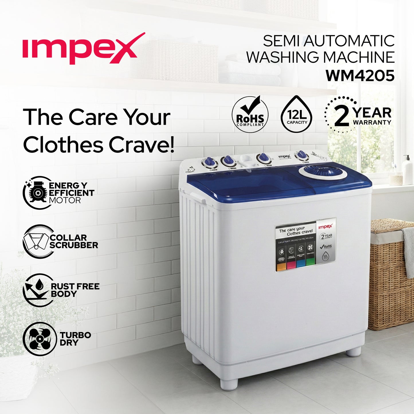 Impex WM-4205 12KG Semi-Automatic Washing Machine – Air Turbo Dry, Double Layer Body
