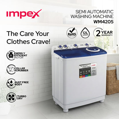 Impex WM-4205 12KG Semi-Automatic Washing Machine – Air Turbo Dry, Double Layer Body