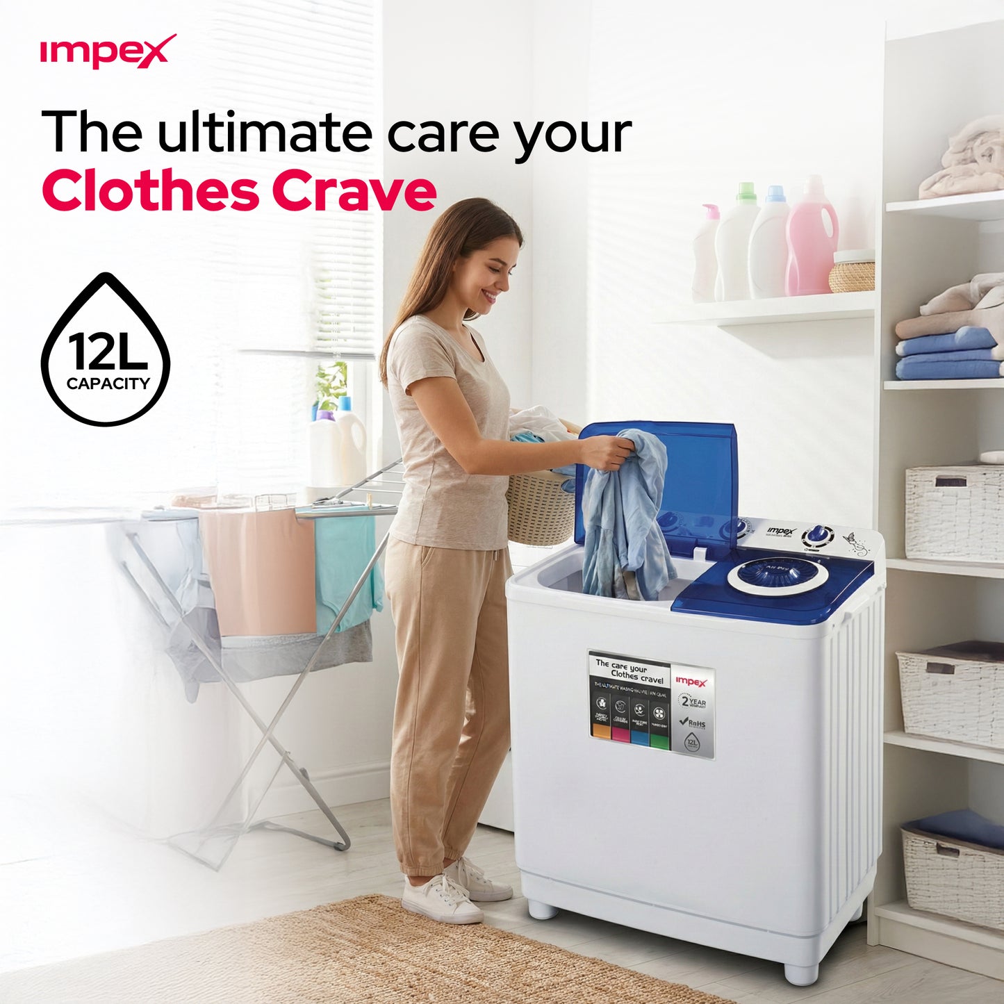 Impex WM-4205 12KG Semi-Automatic Washing Machine – Air Turbo Dry, Double Layer Body