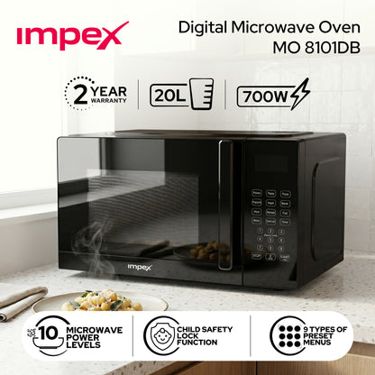 Impex MO8101DB 20L Digital Microwave Oven – 700W, 8 Presets & Child Safety Lock