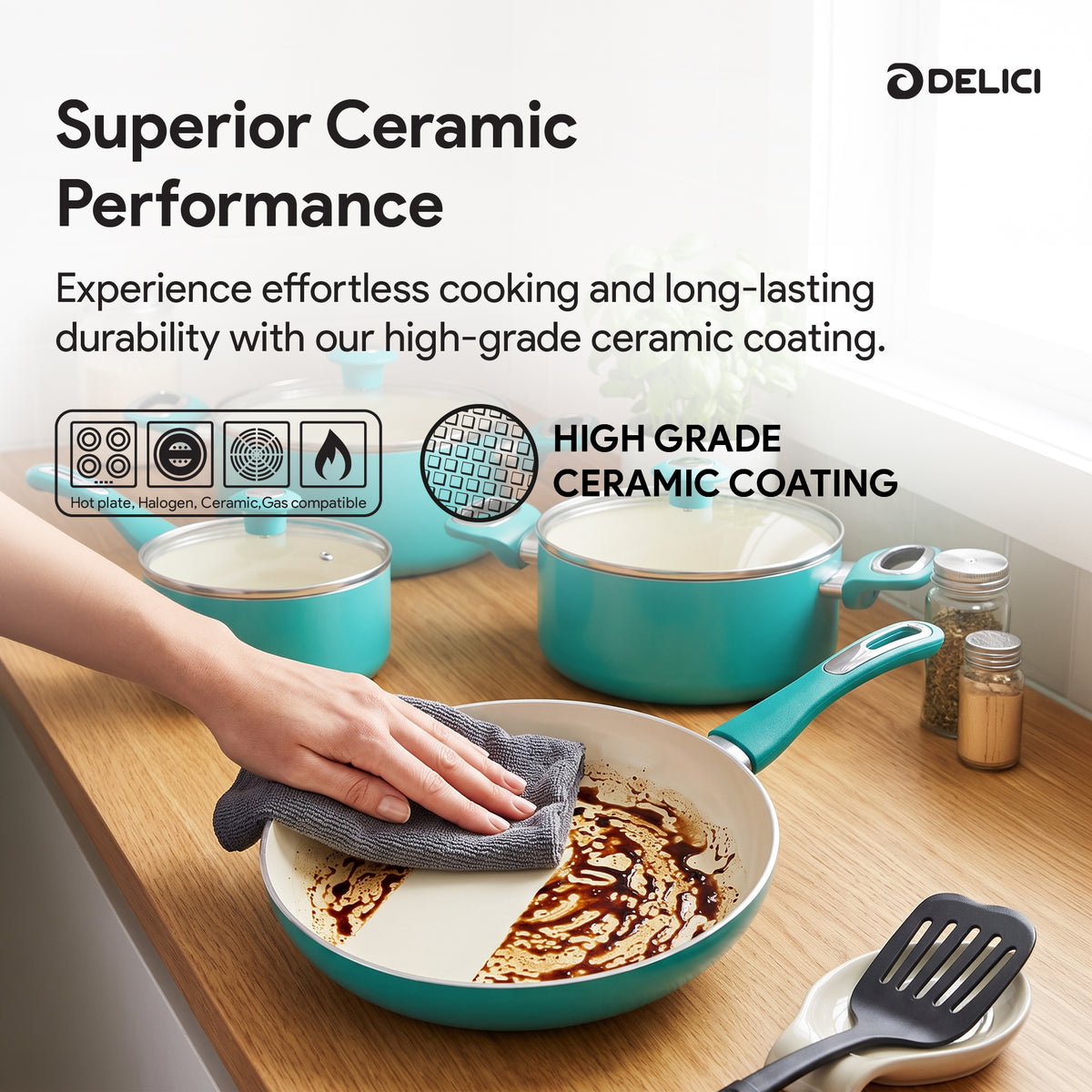 Delici 8-Piece Ceramic Nonstick Cookware Set Green NCC8TG | Made in India