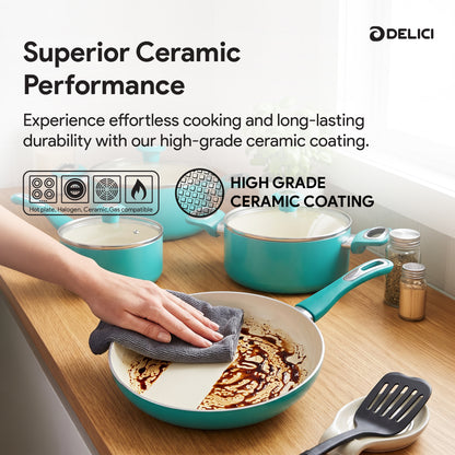 Delici 8-Piece Ceramic Nonstick Cookware Set Green NCC8TG | Made in India