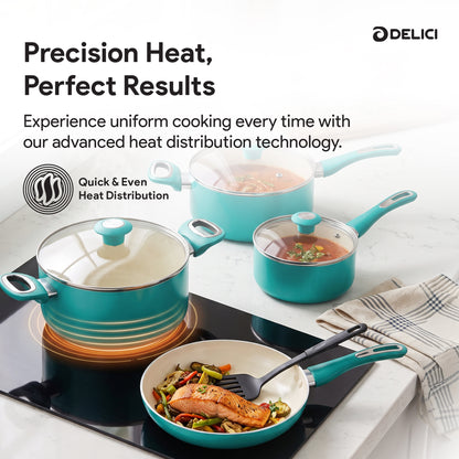 Delici 8-Piece Ceramic Nonstick Cookware Set Green NCC8TG | Made in India