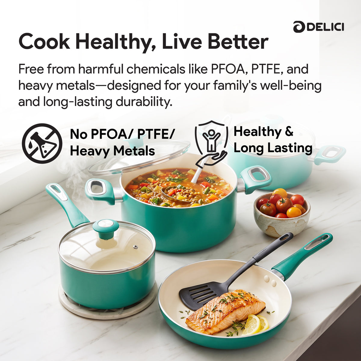 Delici 8-Piece Ceramic Nonstick Cookware Set Green NCC8TG | Made in India