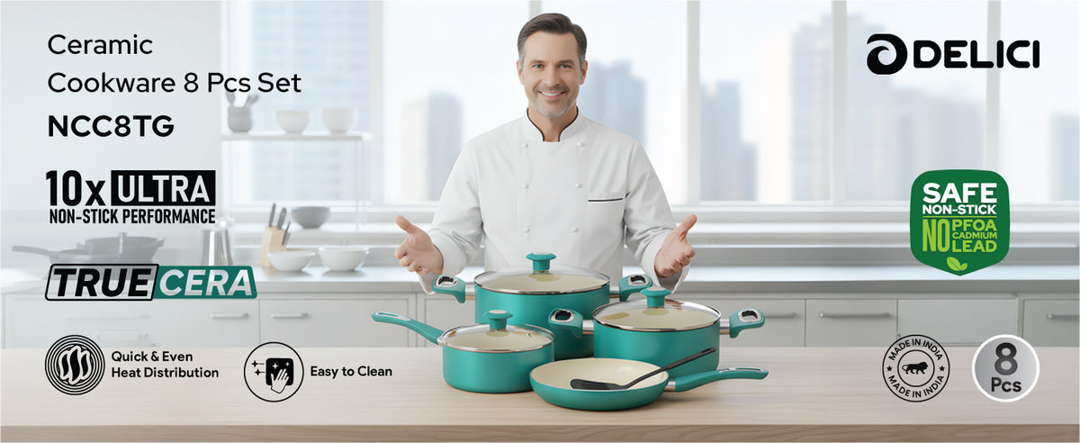 Delici 8-Piece Ceramic Nonstick Cookware Set Green NCC8TG | Made in India