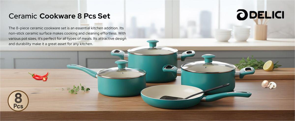Delici 8-Piece Ceramic Nonstick Cookware Set Green NCC8TG | Made in India