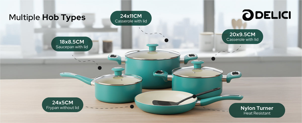 Delici 8-Piece Ceramic Nonstick Cookware Set Green NCC8TG | Made in India