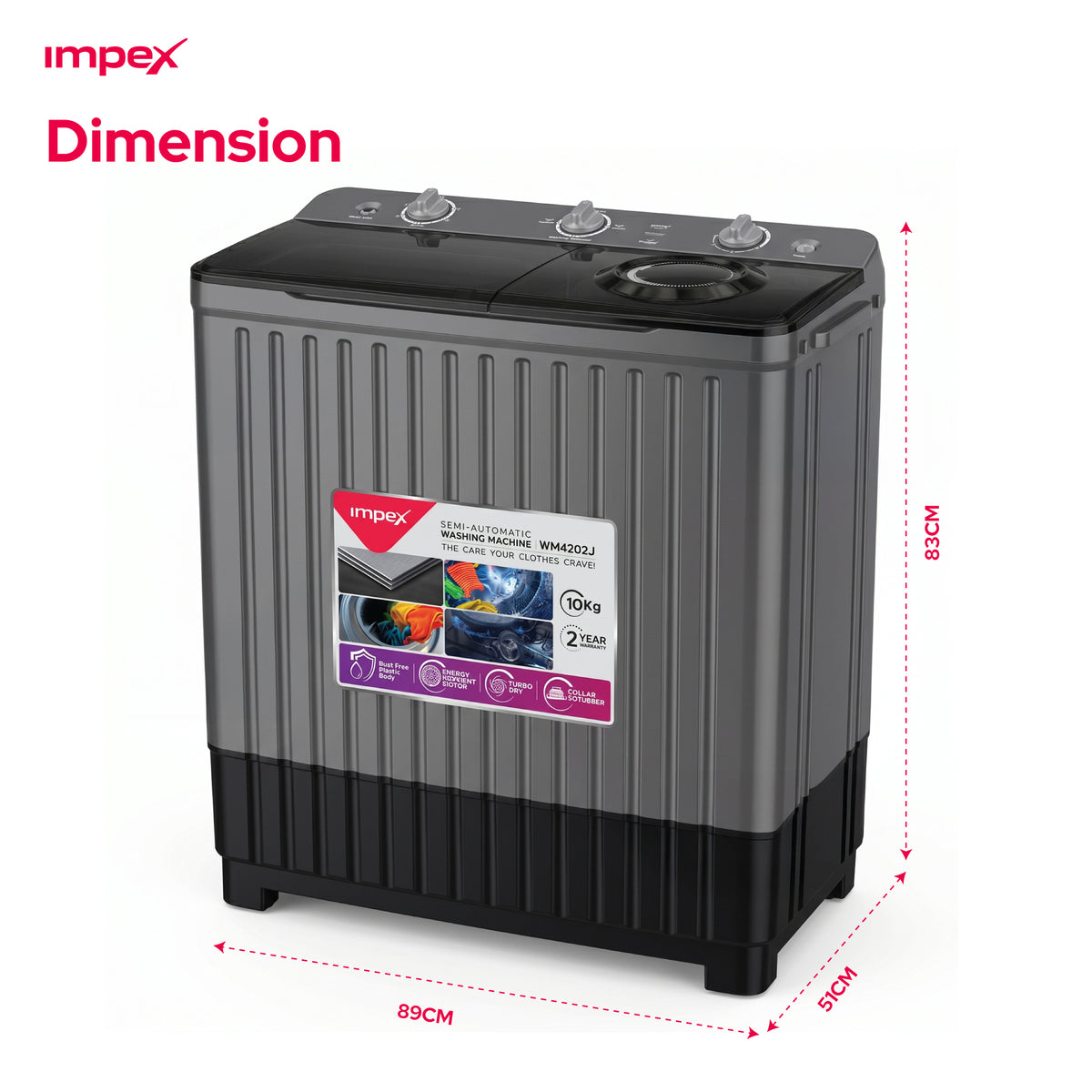 Impex WM-4202 10KG Semi-Automatic Washing Machine – Air Turbo, Turbo Dry & Rust-Free Body