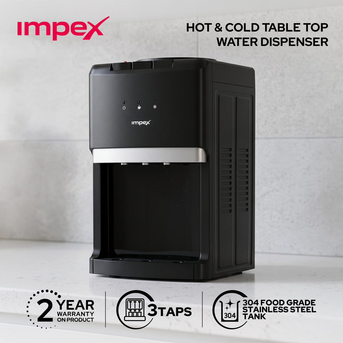 Impex 3 Tap Table Top Water Dispenser WD3903C | Compressor Cooling | Stainless Steel Tank