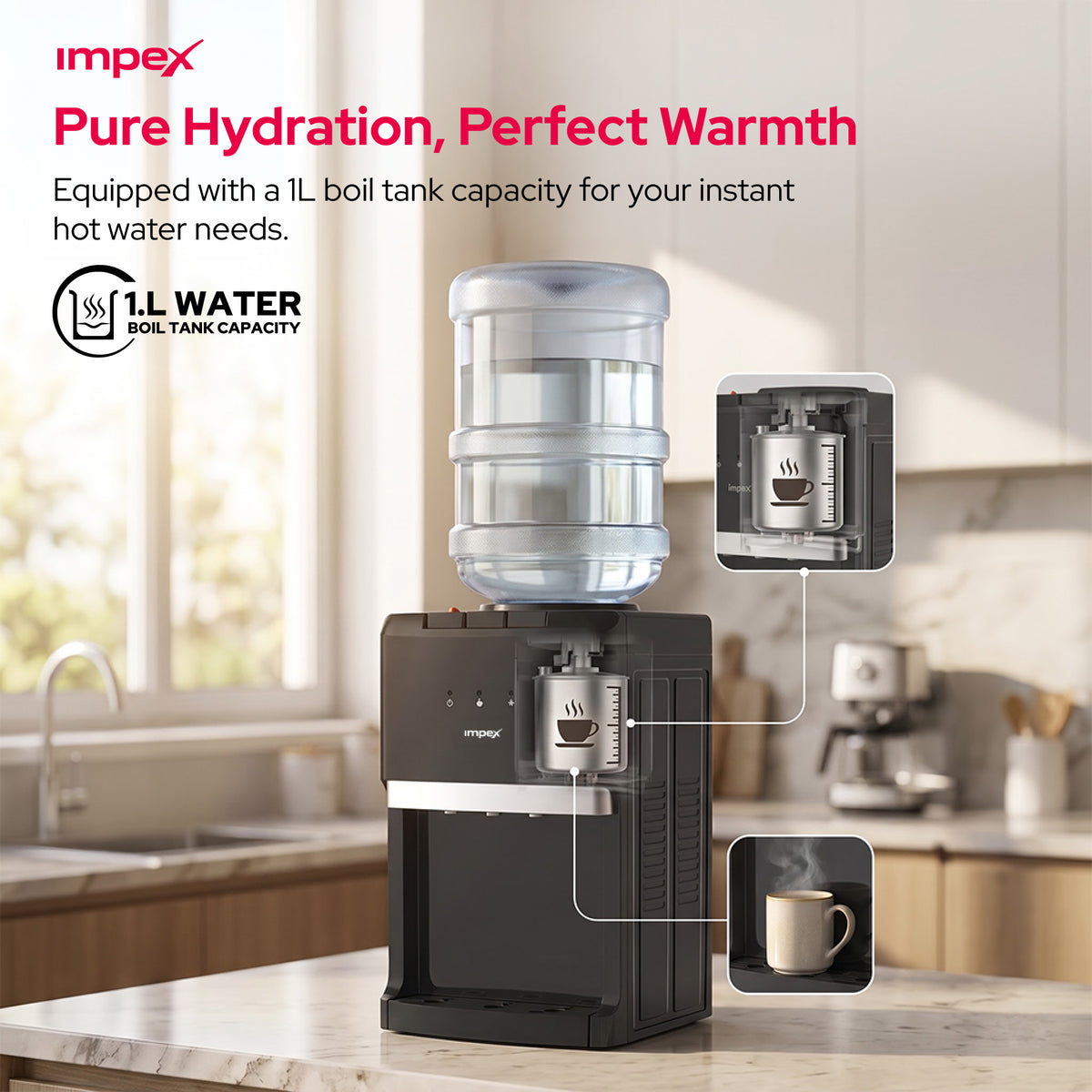 Impex 3 Tap Table Top Water Dispenser WD3903C | Compressor Cooling | Stainless Steel Tank
